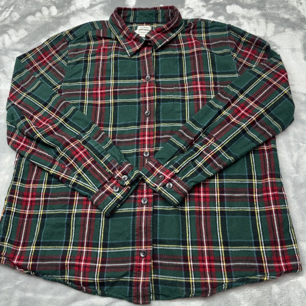 LL Bean‎ Flannel Mens Shirt Lg Petite Green Red Tartan Plaid Relaxed Fit